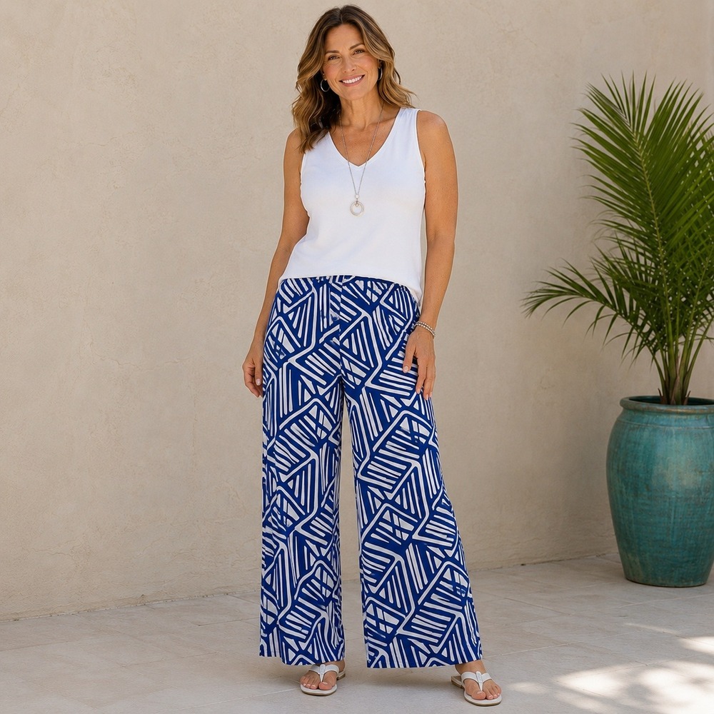Chicos Blue White Geometric Print Wide Leg Pants Elastic Waist Size 1 M 8-10